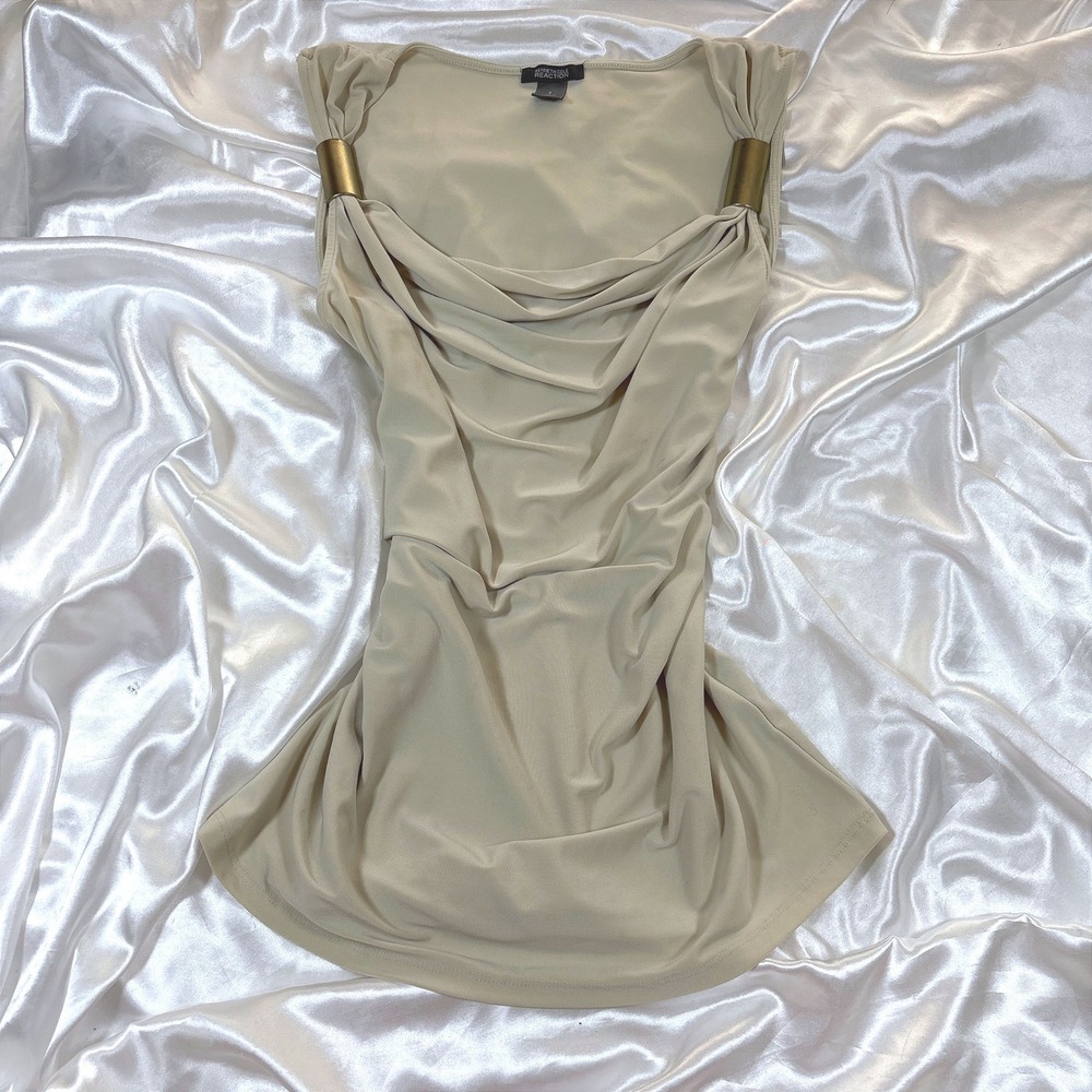 y2k Kenneth Cole Reaction Top Beige Excellent Cowl Neck Gold Hardware Sleeveless